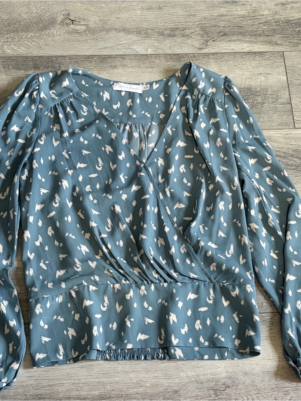 All in Favor Teal Blue Printed Surplice Wrap Blouse